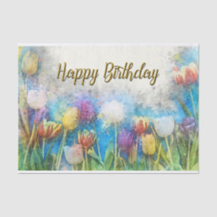 Papel De Seda Feliz Aniversário - Flores de Abstrato de Aquarela