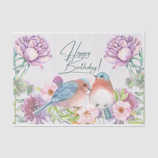 Papel De Seda Feliz Aniversário Flores de Aquarelas, Pássaros (Frente )