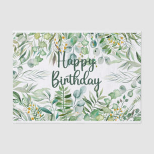 Papel De Seda Feliz Aniversário - Folhas de Aquarela Eucalyptus