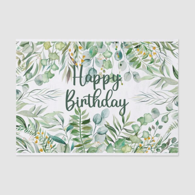 Papel De Seda Feliz Aniversário - Folhas de Aquarela Eucalyptus (Frente )