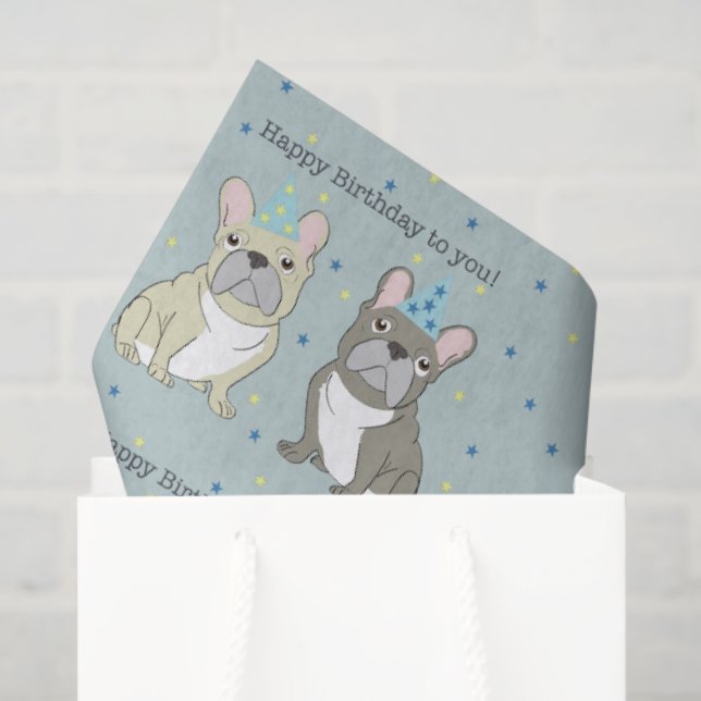 Papel De Seda Feliz aniversário francês, bulldog (Sacola de presentes)