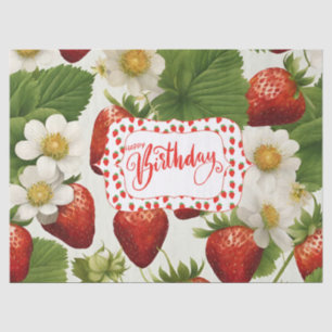 Papel De Seda Feliz aniversário Morangos, Folhas e Flores