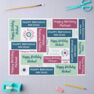 Papel De Seda Feliz Aniversário Nome Azul Casa Verde Borgonha