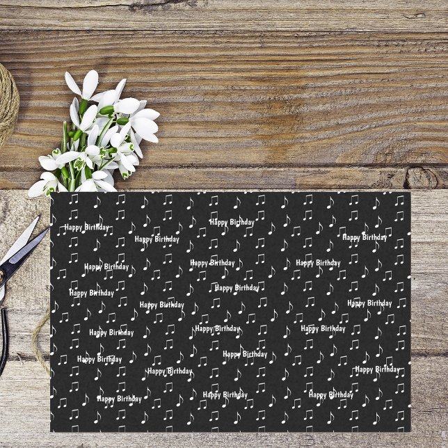 Papel De Seda Feliz Aniversário - Notas do Tema Musical Negro Br (Black and white music theme Happy Birthday with white music notes on tissue gift wrap paper.)