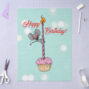 Papel De Seda Feliz Aniversário Rato com Cupcake e Vela