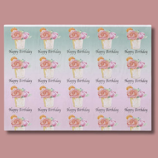 Papel De Seda Feliz Aniversário Rosas Aquarela