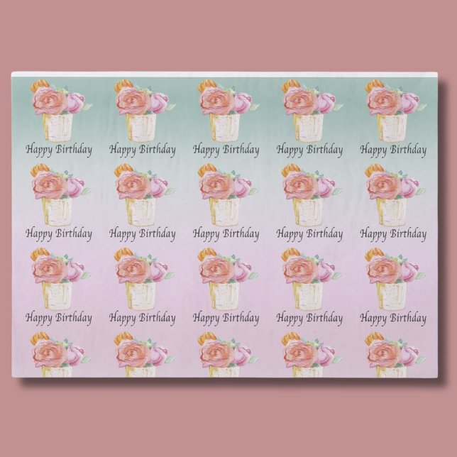 Papel De Seda Feliz Aniversário Rosas de Aquarela (Criador carregado)