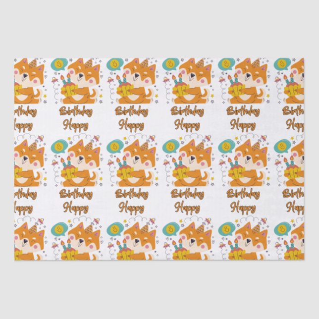 Papel De Seda Feliz Aniversário Shiba Inu Tissue Paper (Frente )