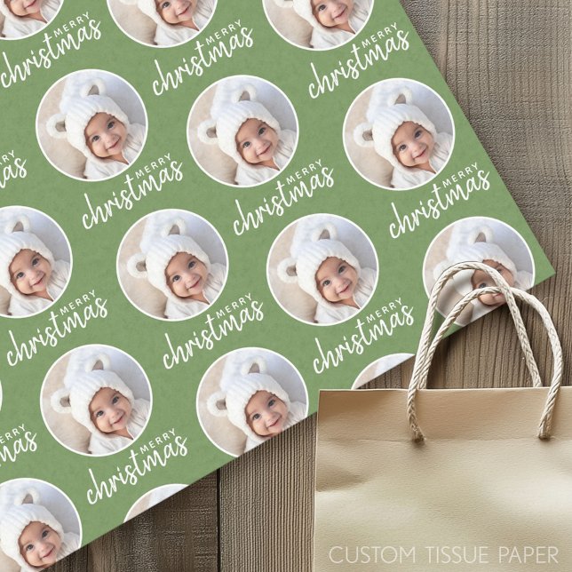 Papel De Seda Feliz Natal com Foto de Um Círculo - Verde (Custom Tissue Paper)