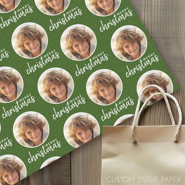 Papel De Seda Feliz Natal com Foto de Um Círculo - Verde vermelh (Custom Tissue Paper)