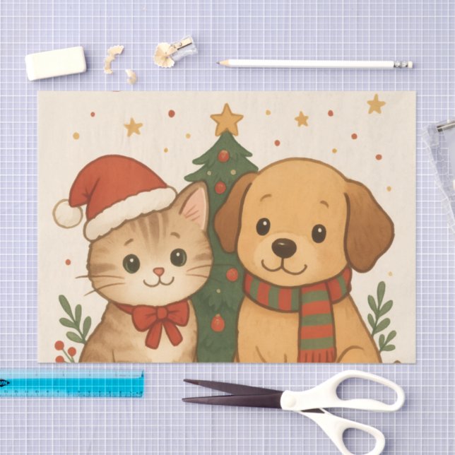 Papel De Seda Feliz Natal da Puppy e Kitten (Arte )