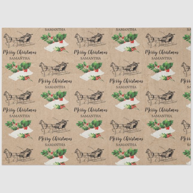 Papel De Seda Feliz Natal Holly Berries Winter Kraft Brown (Frente )