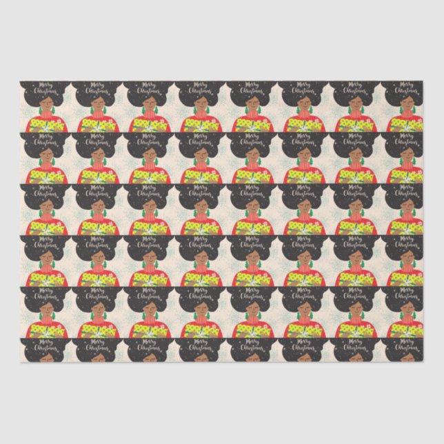 Papel De Seda Feliz Natal, Mulher Negra, Suéter Brilhante Presen (Frente )