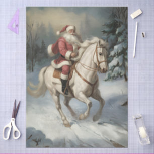 Papel De Seda Feliz Natal Papai Noel Montando Cavalo Branco Neva