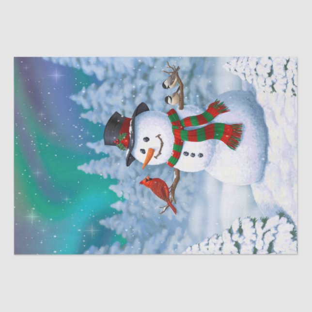 Papel De Seda Feliz Natal Snowman e Birds Cena de Inverno (Frente )