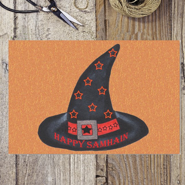 Papel De Seda Feliz Samhain Witch Hat Stars Magic Wiccan (Black witch hat orange stars silver buckle on Happy Samhain orange tissue wrap paper.)