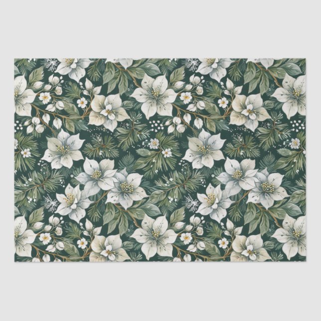Papel De Seda Feriado Branco Azaleas e Evergreens (Frente )