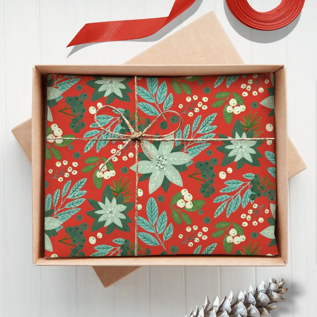 Papel De Seda Feriado de Natal Red Floral (Christmas Red Floral Holiday Tissue Paper)
