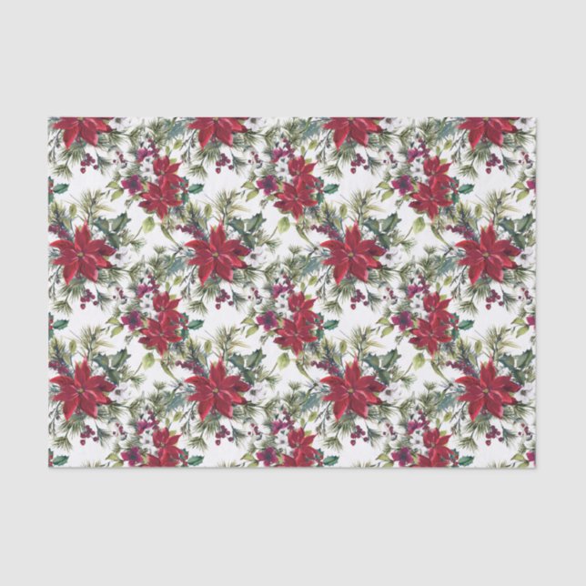Papel De Seda Feriado de Padrão de Poinsettia de Aquarela Elegan (Frente )