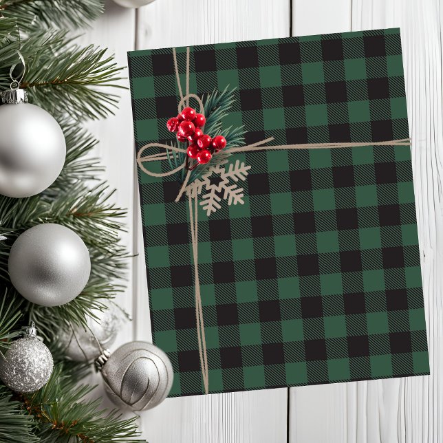 Papel De Seda Feriado De Xadrez De Búfalos Russos Verde E Preto (Rustic Green And Black Buffalo Plaid Holiday Tissue Paper)