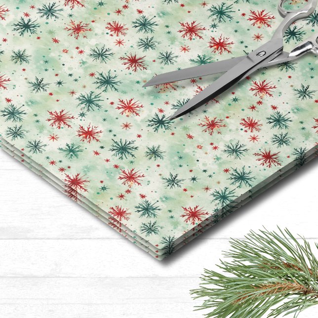 Papel De Seda Feriado Floco de Neve Natal (Festive Holiday Red Green Snowflake Christmas Tissue Paper)