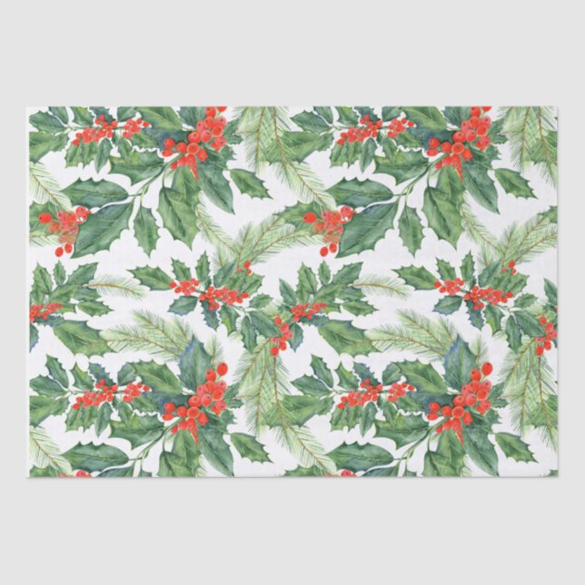 Papel De Seda Feriado Floral de Natal Red Berries Green Holly (Frente )