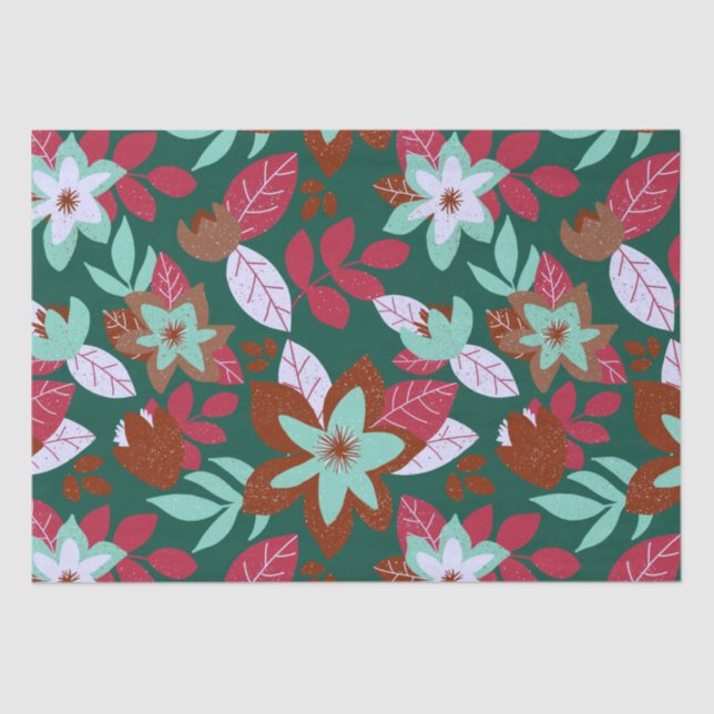 Papel De Seda Feriado Floral Verde Vermelho do Natal Moderno (Frente )