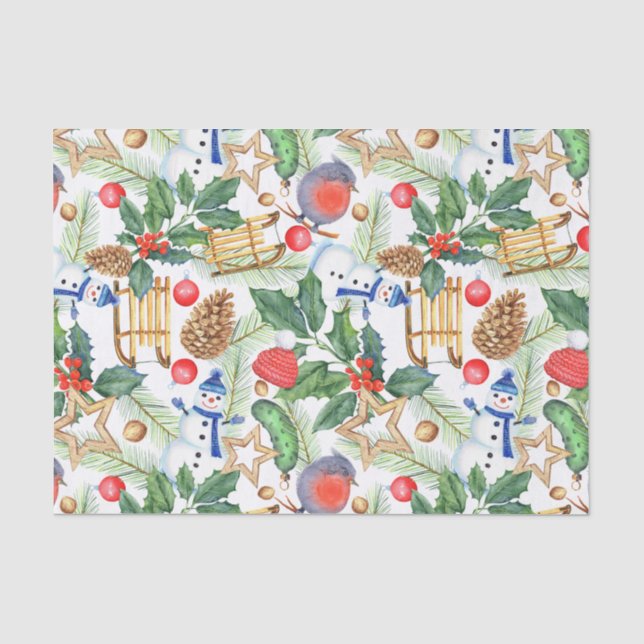 Papel De Seda Férias de Natal Boneco de Neve, Pinhas, Azevinho (Frente )