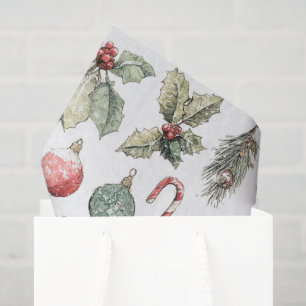 Papel De Seda Férias Vermelho Verde Aquarela Pinheiro Berry
