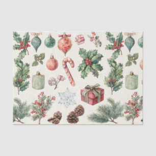 Papel De Seda Férias Vermelho Verde Aquarela Pinheiro Fruta