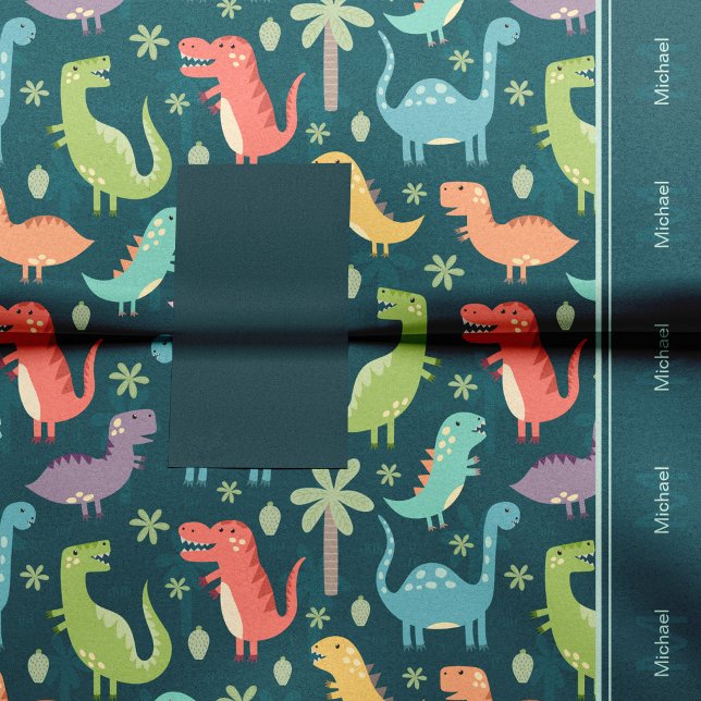 Papel De Seda Festa de Menino Azul Monograma com Padrão Dinossau (Criador carregado)