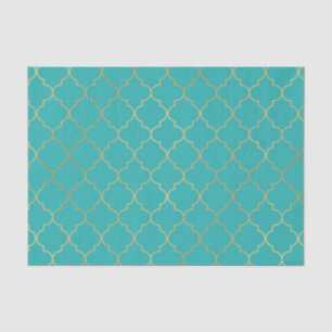 Papel De Seda Festa de Padrão Quatrefoil Dourado e Turquesa