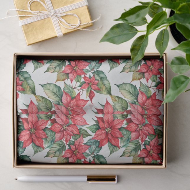 Papel De Seda Festive Christmas Poinsettia in Watercolor (Presente)