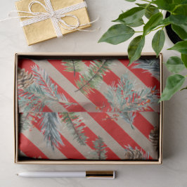 Papel De Seda Festive Red Stripe Pine Spruce Cones Kraft Holiday