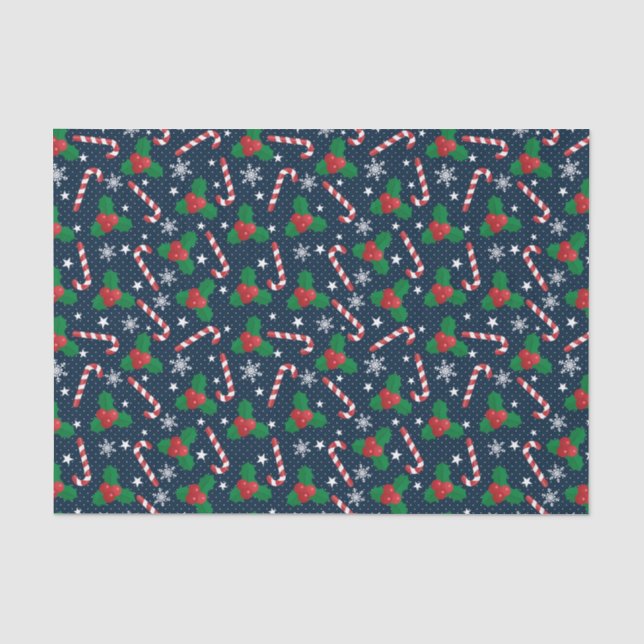 Papel De Seda Festivo Holly Berry & Cane Patterno Natal (Frente )