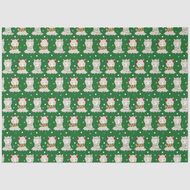 Papel De Seda Festivo Lhamas de Natal em Verde (Frente )