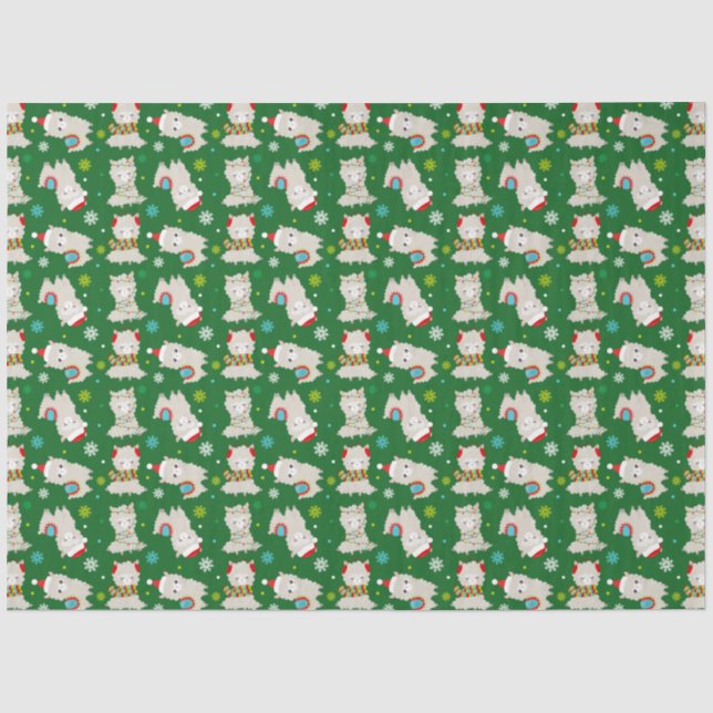 Papel De Seda Festivo Lhamas de Natal em Verde (Frente )