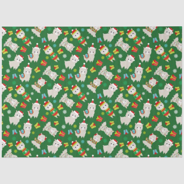 Papel De Seda Festivo Lhamas de Natal em Verde (Frente )