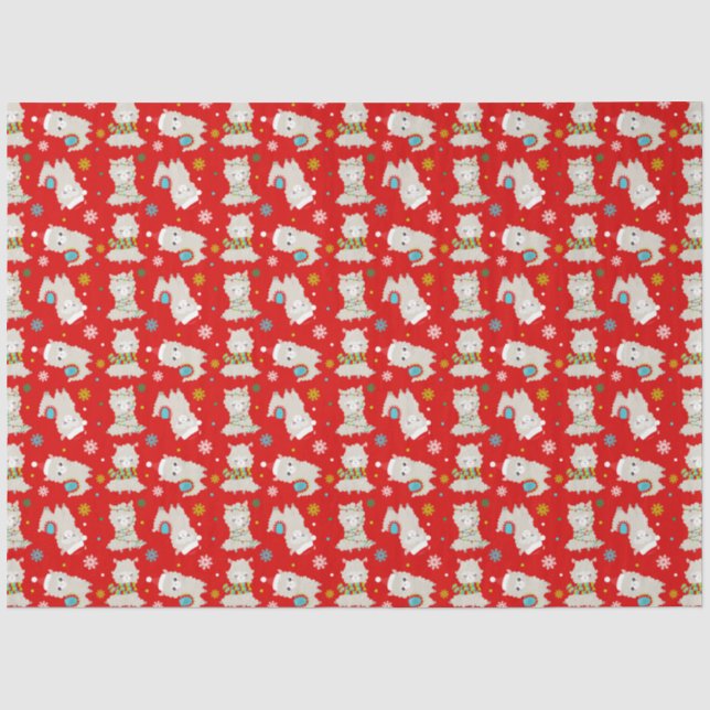 Papel De Seda Festivo Lhamas de Natal em Vermelho (Frente )
