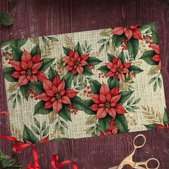 Papel De Seda Festivo Poinsettia Verde Deixa Berries Vermelhos (Criador carregado)