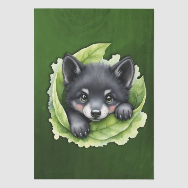 Papel De Seda Filhote de lobo no verde: (Frente )