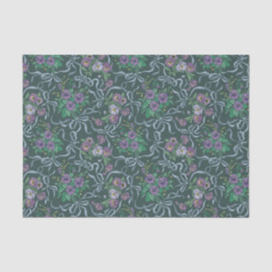 Papel De Seda Fitas Azuis de Aço com Pansies Roxas Vitorianas An