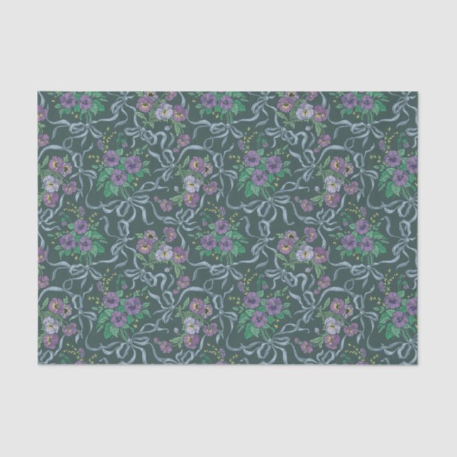 Papel De Seda Fitas Azuis de Aço com Pansies Roxas Vitorianas An (Frente )