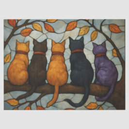 Papel De Seda Five Cats on a Tree Branch Stained Glass Style