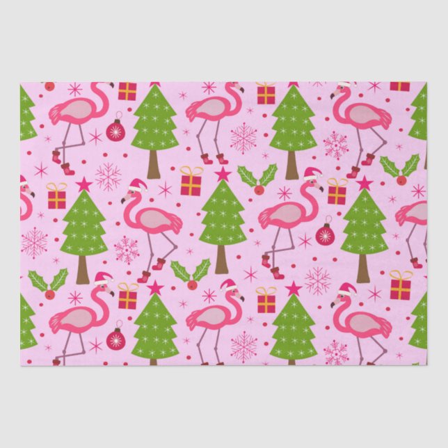Papel De Seda Flamingo de Natal Tropical Com Pinheiro no Rosa (Frente )