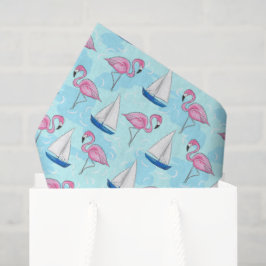 Papel De Seda Flamingo Rosa e Velero Azul Costeiro Préppy