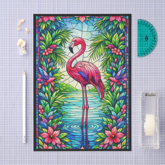 Papel De Seda Flamingo Rosa Tropical Vidro Pintado à Mão  (Arte )