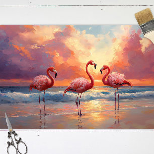 Papel De Seda Flamingo Trio na Praia Decoupage