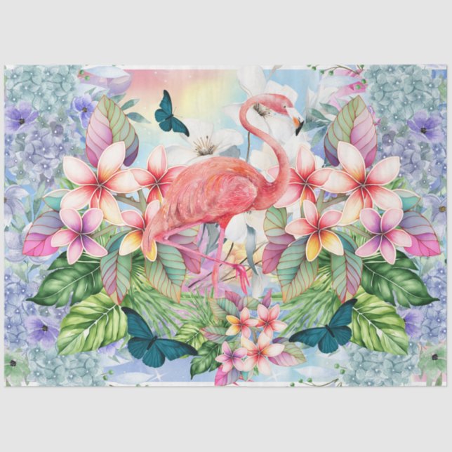 Papel De Seda Flamingo Tropical e Florestas de Aquarela (Frente )