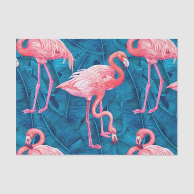 Papel De Seda Flamingos em folhas de bananas azuis (Frente )